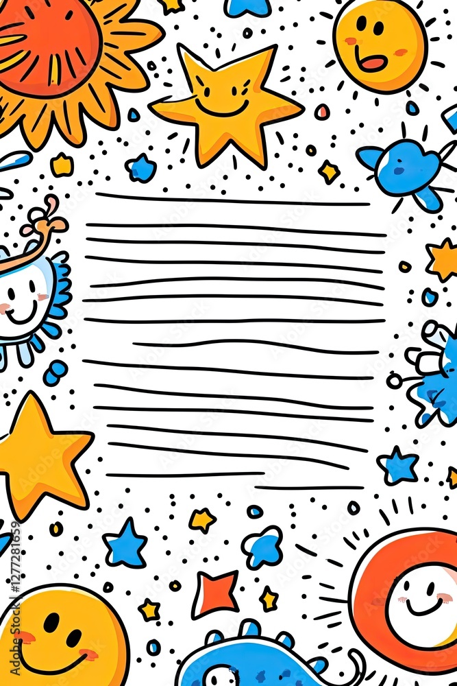 Fototapeta premium A white background with a frame of colorful hand-drawn stars and suns.