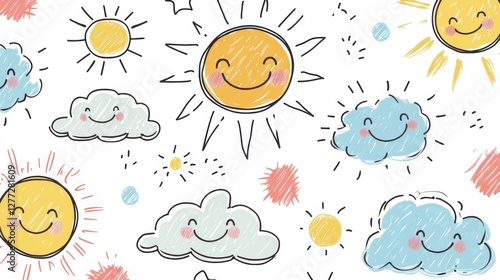 Playful Hand-Drawn Sunshine and Clouds with Smiling Faces Pattern