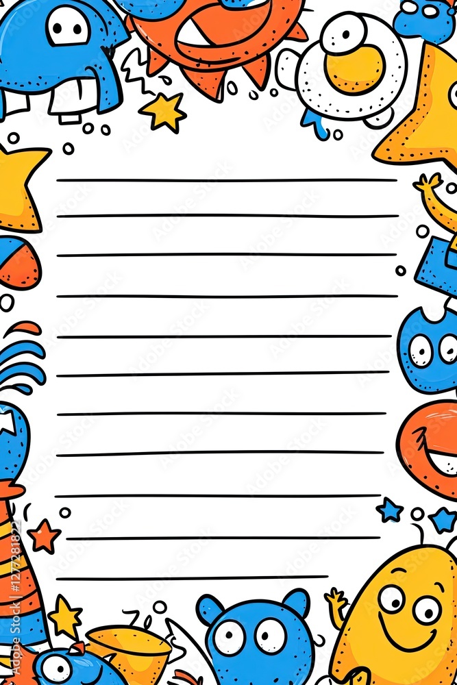 Fototapeta premium A white lined paper background with colorful cartoon monsters around the edges.