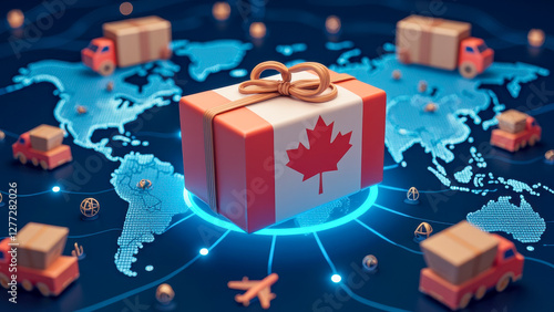 Digital representation of Canadian shipping and logistics with a gift box featuring a Canadian flag and trucks on a global map backdrop