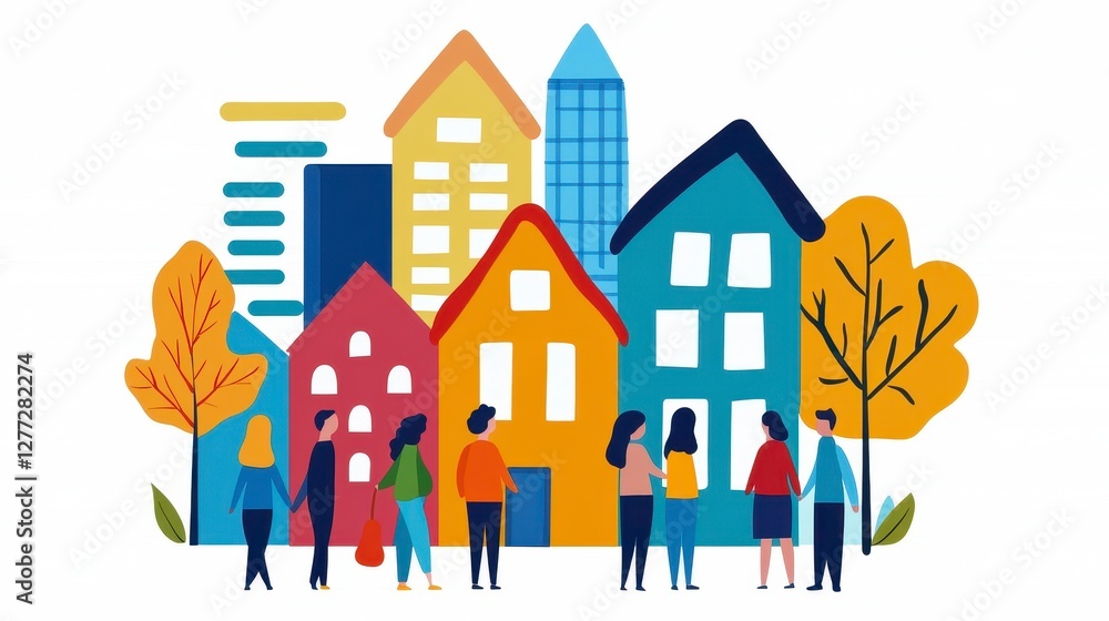 Fototapeta premium Diverse People in Colorful City Neighborhood Autumn Illustration