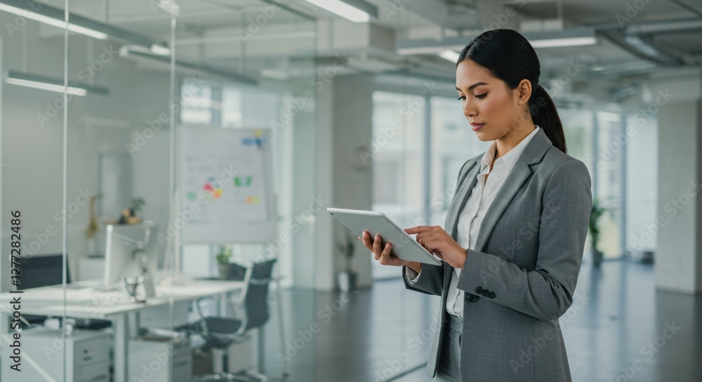 Professional businesswoman working on a tablet in a modern office setting Professional businesswoman working on a tablet in a modern office setting