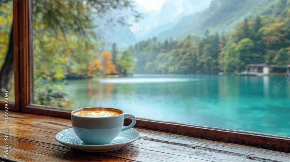 Scenic view of a tranquil mountain lake through a cozy café window with a cup of coffee on a wooden table. Seamless looping 4K video background. Scenic view of a tranquil mountain lake through a cozy café window with a cup of coffee on a wooden table. Seamless looping 4K video background.