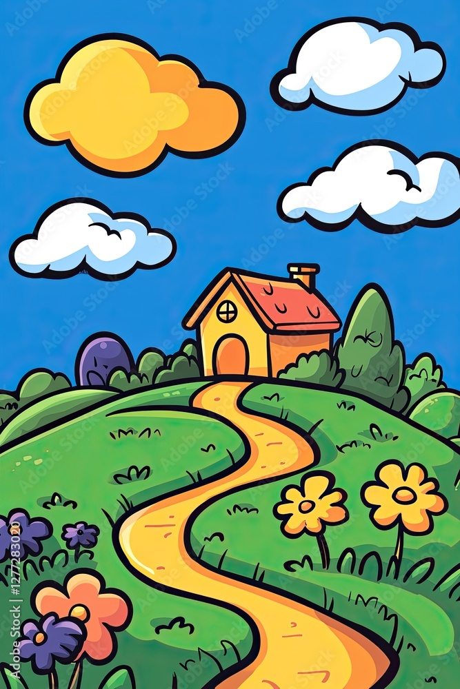 Fototapeta premium A yellow house sits on a hill with a winding path leading up to it. There are clouds in the blue sky above.