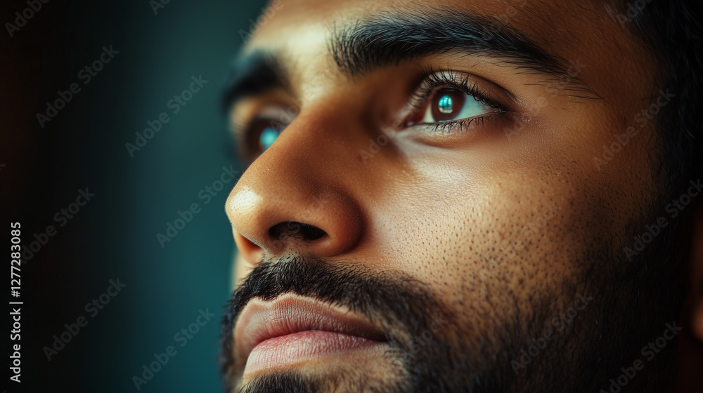 Fototapeta premium A contemplative Indian man gazing into the distance, his deep brown eyes reflecting thoughtfulness