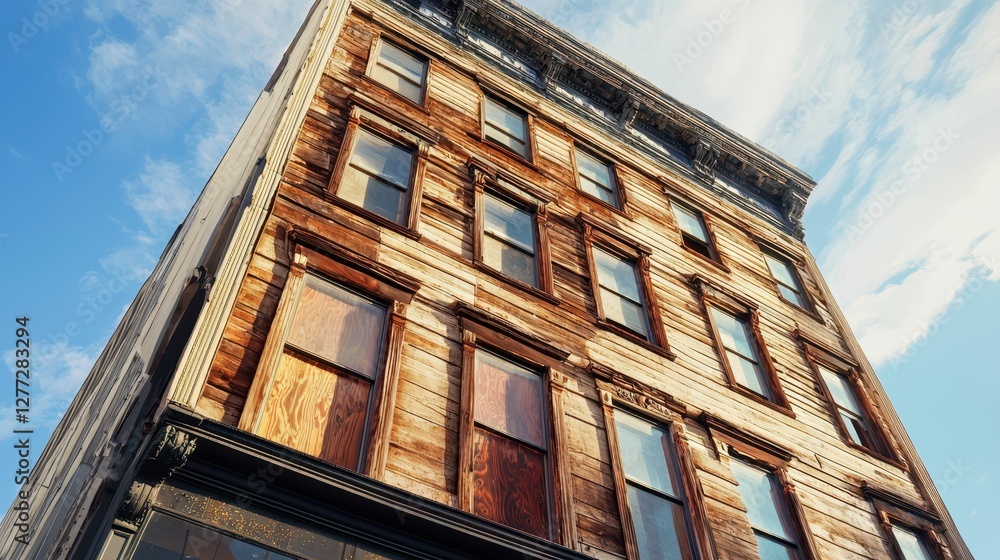 Obraz premium Vintage Building with Weathered Wood and Empty Windows Under Blue Sky