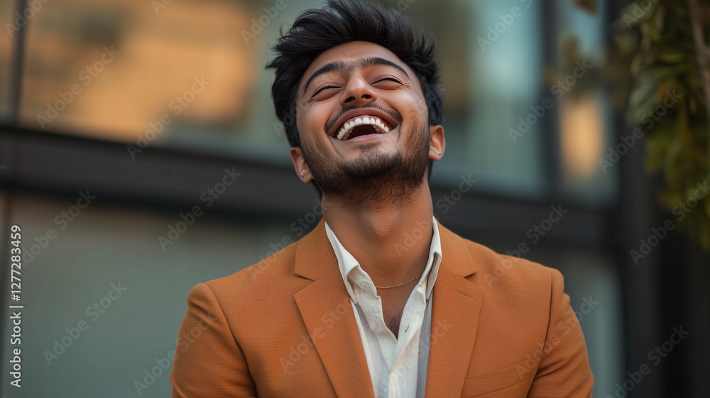 Fototapeta premium A young Indian man laughing heartily, dressed in a modern blazer, his joyful energy infectious