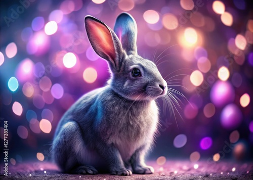A silver rabbit glimmers, bathed in purple-pink bokeh, a fantastical AI-generated illustration.