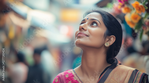 A thoughtful Indian woman in a traditional bindi, looking up in wonder as she stands in a marketplace