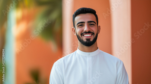 A confident Arab man with a neatly trimmed beard, wearing a white kandura, smiling warmly as he looks directly at the camera