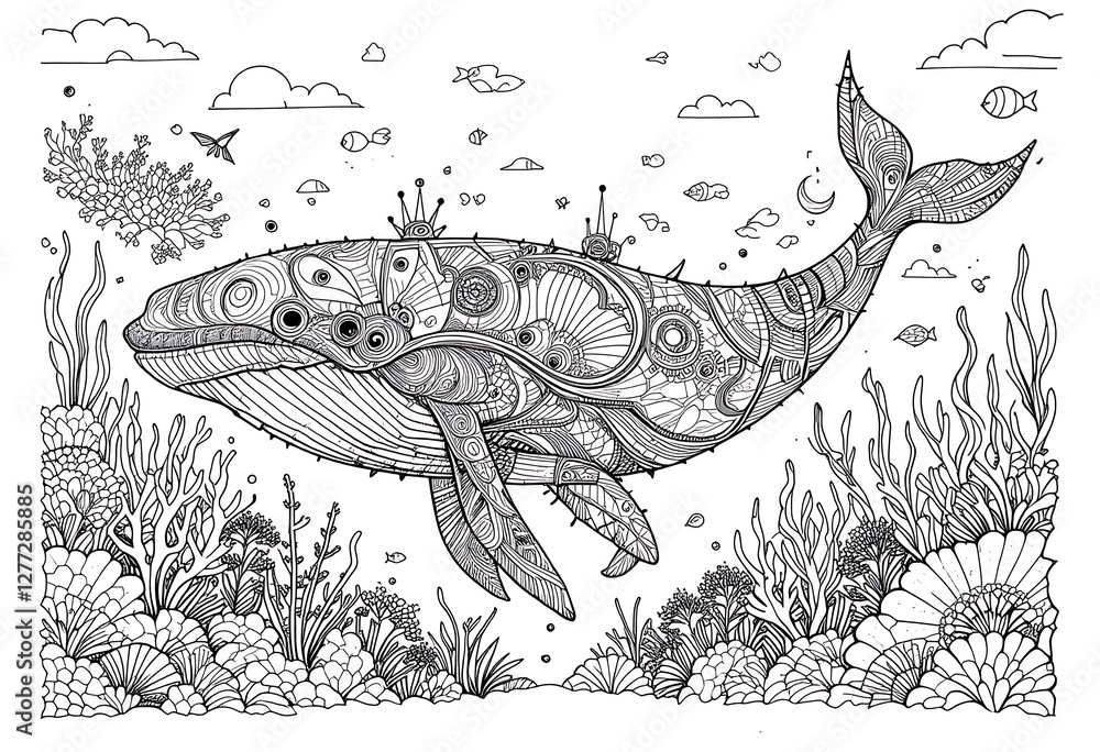 Fototapeta premium Whale coloring page for ocean book, sea animal outline drawing underwater, wildlife illustration in black and white line art for children aquatic marine education