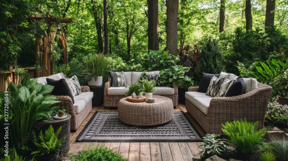Fototapeta premium Cozy outdoor living space surrounded by lush greenery with comfortable seating and natural decor