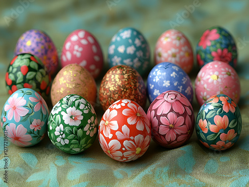 Beautifully hand painted Easter eggs in various colors and designs photo