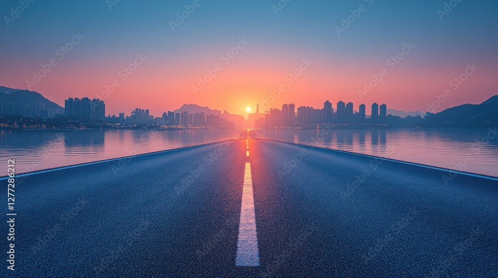 Obraz premium Empty road leading to sunrise city skyline