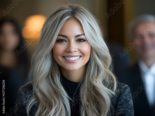 Wallpaper Mural confident woman with long, wavy blonde hair smiles warmly in professional setting, surrounded by colleagues Torontodigital.ca