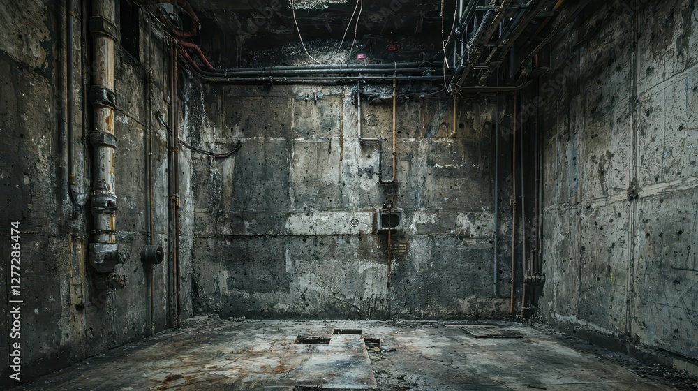 Fototapeta premium Abandoned Industrial Space with Grungy Concrete Walls and Pipes