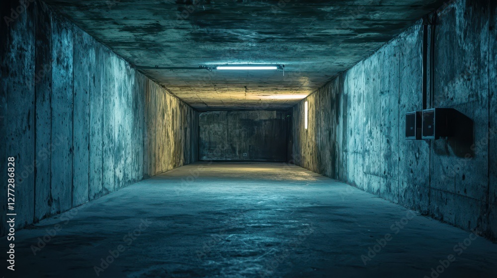Dimly Lit Abandoned Concrete Tunnel with Moody Atmosphere Dimly Lit Abandoned Concrete Tunnel with Moody Atmosphere