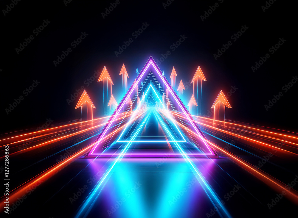Fototapeta premium Vibrant double exposure art featuring a glowing neon triangle with arrows and light streaks against a dark backdrop, creating a futuristic and dynamic scene.