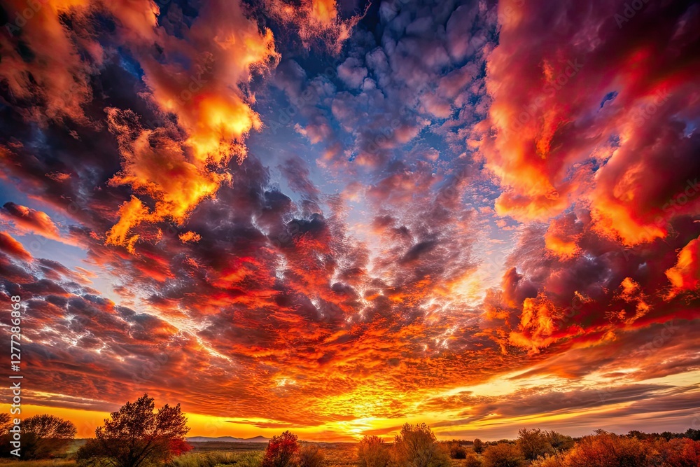 Naklejka premium Blazing sunset, dramatic clouds ignite the autumn sky, a golden hour masterpiece.