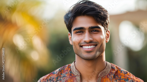 A confident Indian man with a charming smile, dressed in a stylish kurta, looking directly at the camera with warmth