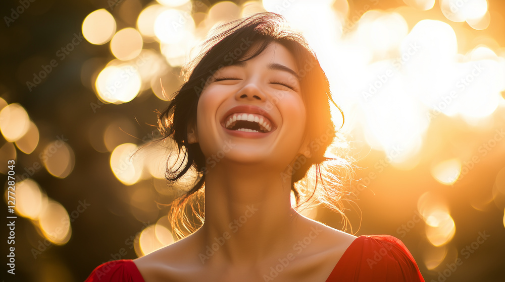Fototapeta premium A joyful Asian woman laughing with her eyes closed, her face illuminated by warm sunlight, wearing a bright red dress