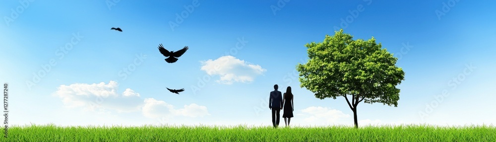 Couple in field, tree, clear sky, nature, serene, hope Couple in field, tree, clear sky, nature, serene, hope