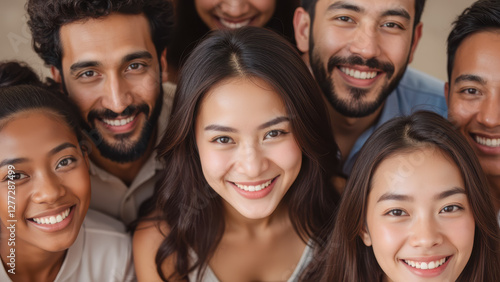 Diverse Group of Smiling Friends Posing Together in a Bright and Cheerful Setting for a Candid Portrait Photography Session