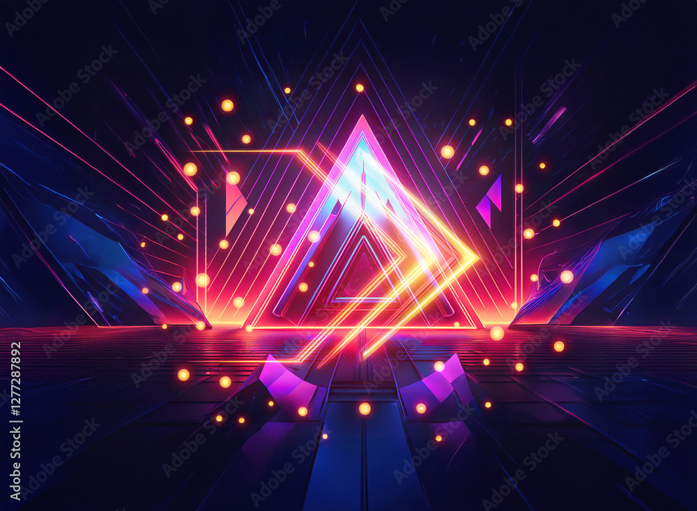 Abstract geometric design featuring double exposure. Neon triangles and lines glow with vibrant colors, creating a futuristic and dynamic composition with depth.