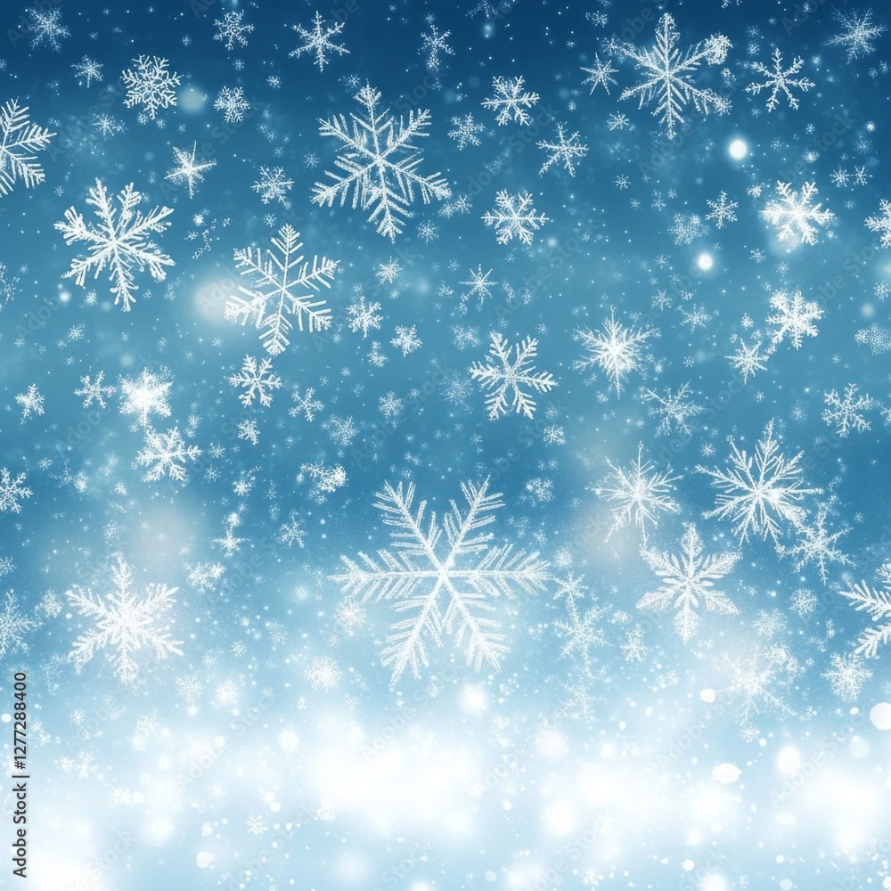 Falling snowflakes, winter, blue sky, glowing background. Possible use seasonal greeting card, website background Falling snowflakes, winter, blue sky, glowing background. Possible use seasonal greeting card, website background