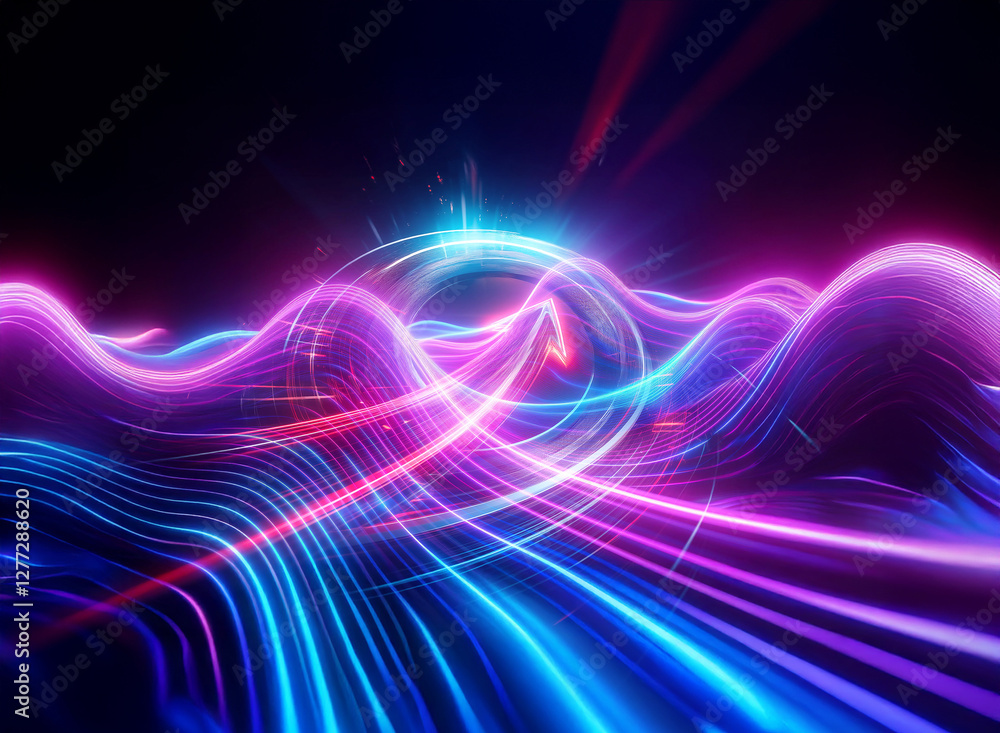 Abstract double exposure of neon waves, vibrant blue, pink, and purple light trails flow against a dark backdrop, creating a futuristic visual. Abstract double exposure of neon waves, vibrant blue, pink, and purple light trails flow against a dark backdrop, creating a futuristic visual.