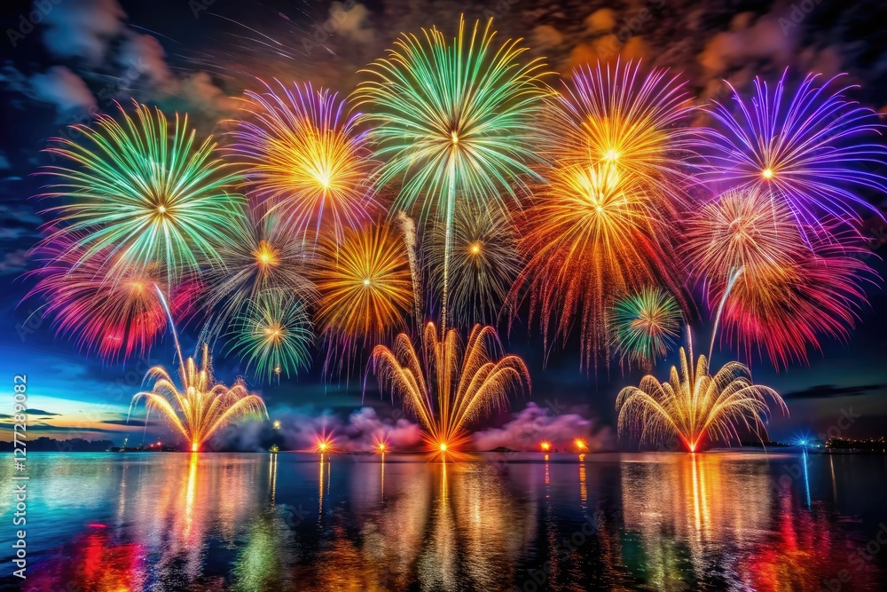 Capture vibrant fireworks exploding over dynamic water, painting the night sky with celebratory color.