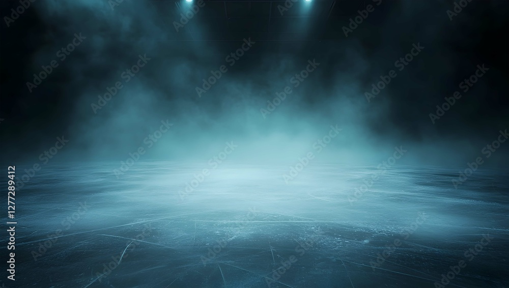 Fototapeta premium Mysterious Ice Rink Background with Fog and Smoke | Atmospheric Winter Scene
