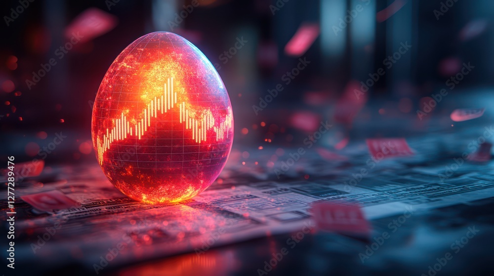 A glowing egg with a rising graph rests on a colorful financial report, surrounded by floating dollar signs, symbolizing investments and economic growth.