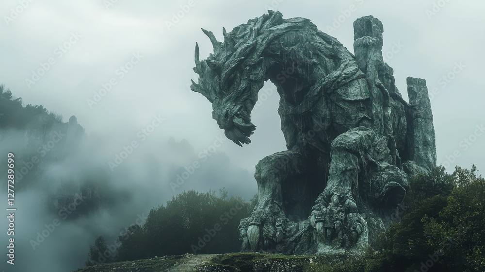 Majestic Ancient Horse Sculpture in Misty Landscape at Dawn Majestic Ancient Horse Sculpture in Misty Landscape at Dawn
