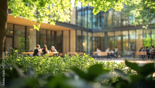 Outdoor office patio, people relaxing, sunny courtyard