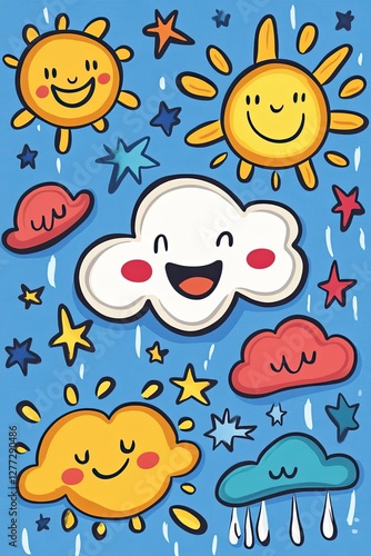 Cartoon illustration of happy smiling suns and clouds on a blue sky background.