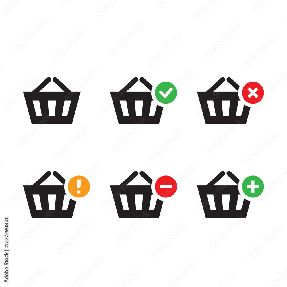 Shopping carts icon set collection, add, remove, cancel, delete, warning, simple ecommence order flat design for app, ui, ux, web, button, interface vector isolated on white background Shopping carts icon set collection, add, remove, cancel, delete, warning, simple ecommence order flat design for app, ui, ux, web, button, interface vector isolated on white background