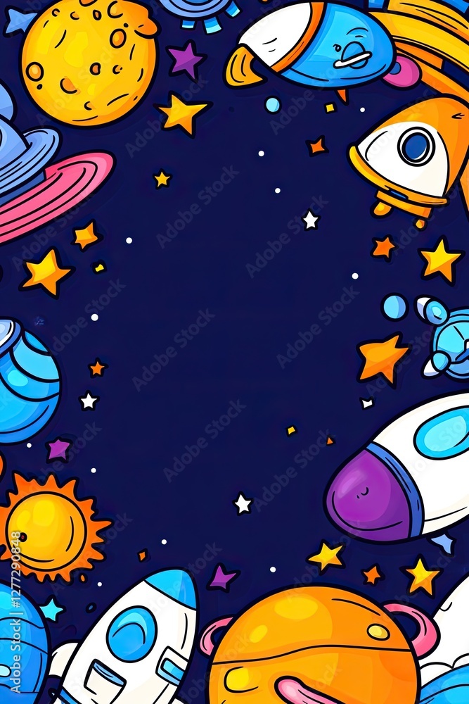 Naklejka premium Cartoon space border with rockets, planets, and stars.