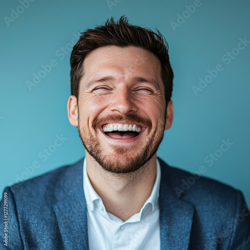 Joyful man laughing against a blue background portrait photography indoor close-up happiness expression