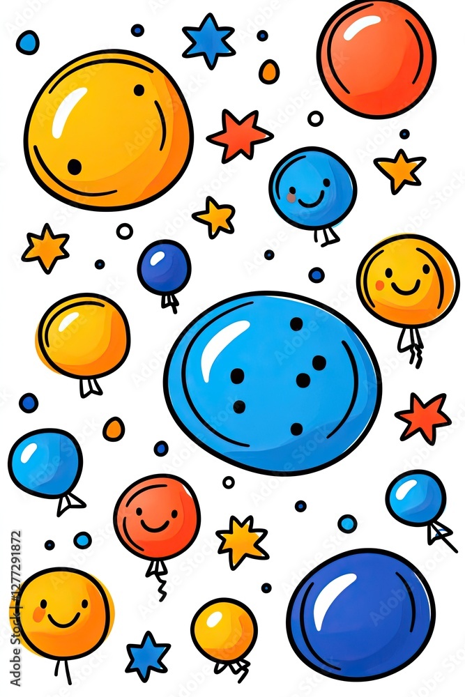 Naklejka premium Colorful cartoon balloons with stars and dots on a white background.