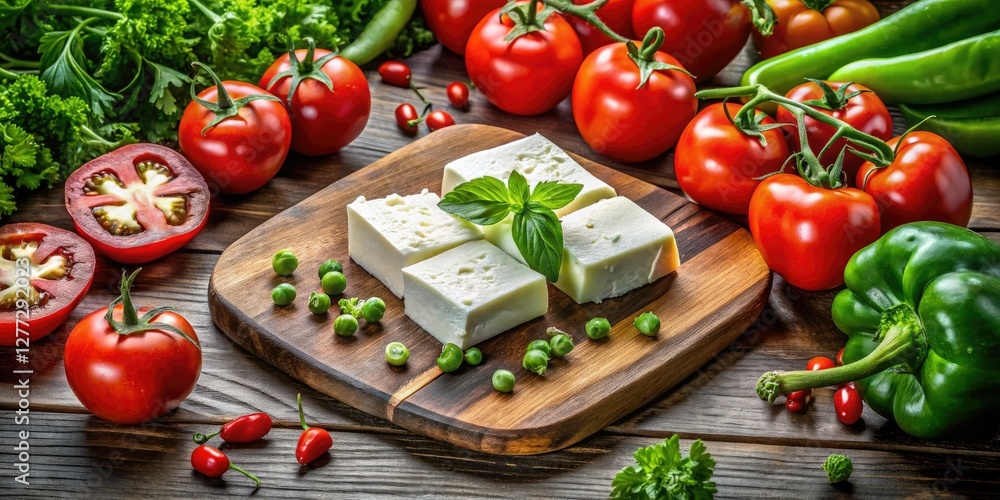 Crisp feta, vibrant tomatoes, and peppers: a kitchen-fresh top view. Crisp feta, vibrant tomatoes, and peppers: a kitchen-fresh top view.