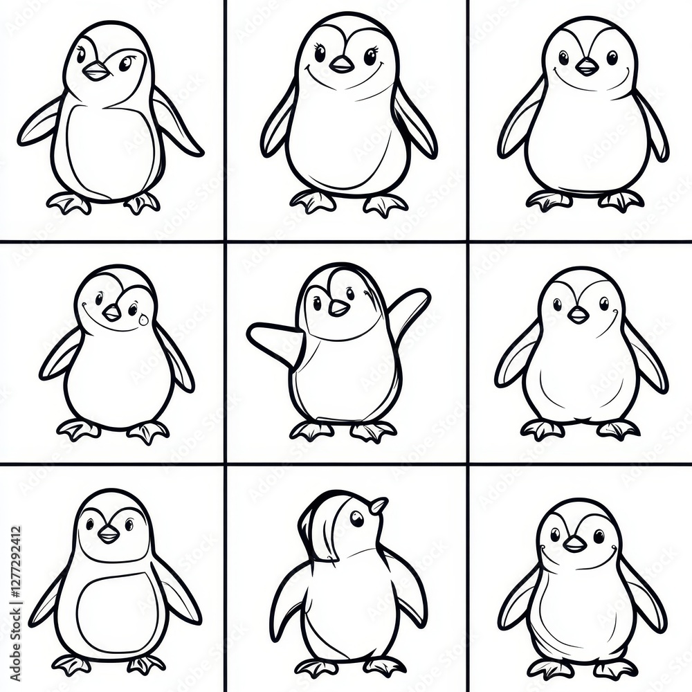 Naklejka premium Penguin Squad: A delightful illustration featuring a grid of adorable penguins, each with a unique pose and expression, showcasing the playful charm of these endearing creatures.