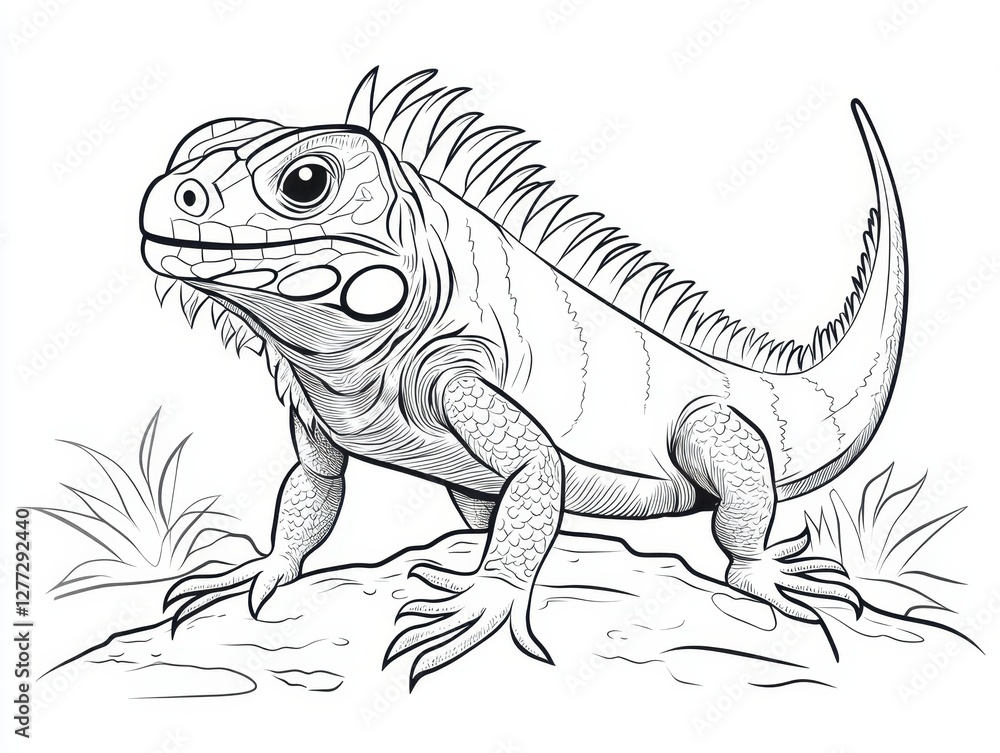 Fototapeta premium Iguana Line Art: Detailed black and white line art of an iguana on a rock, ready for coloring or artistic projects.