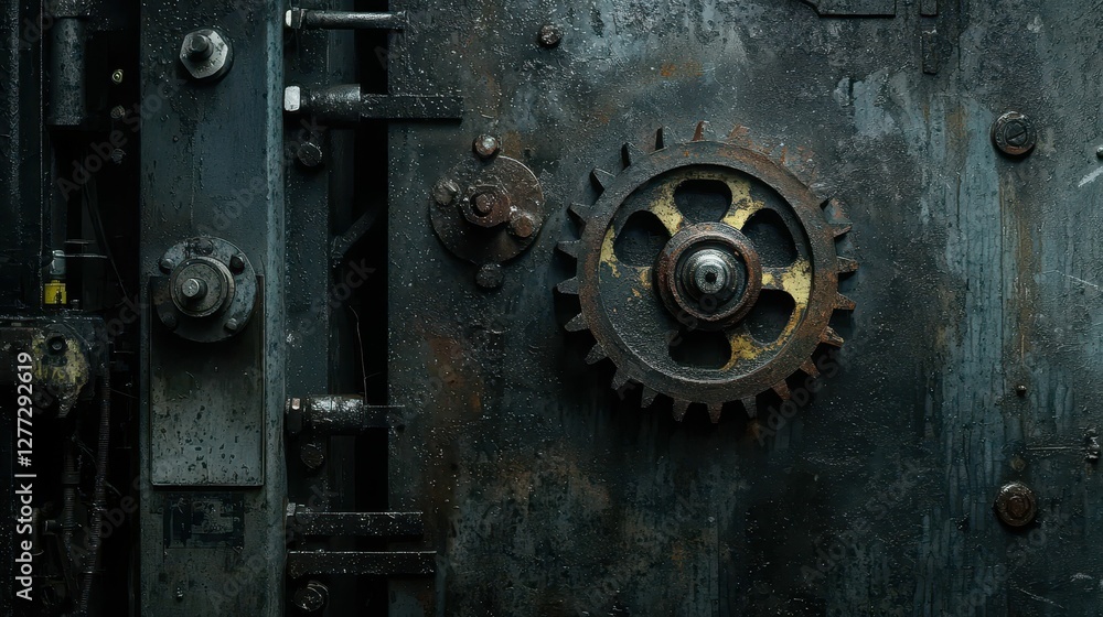 Detailed Close-Up of Rusty Bank Vault Door with Gear Mechanism Detailed Close-Up of Rusty Bank Vault Door with Gear Mechanism