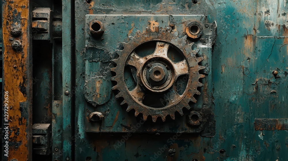 Rusty Gear Wheel on Weathered Metal Surface in Industrial Setting Rusty Gear Wheel on Weathered Metal Surface in Industrial Setting