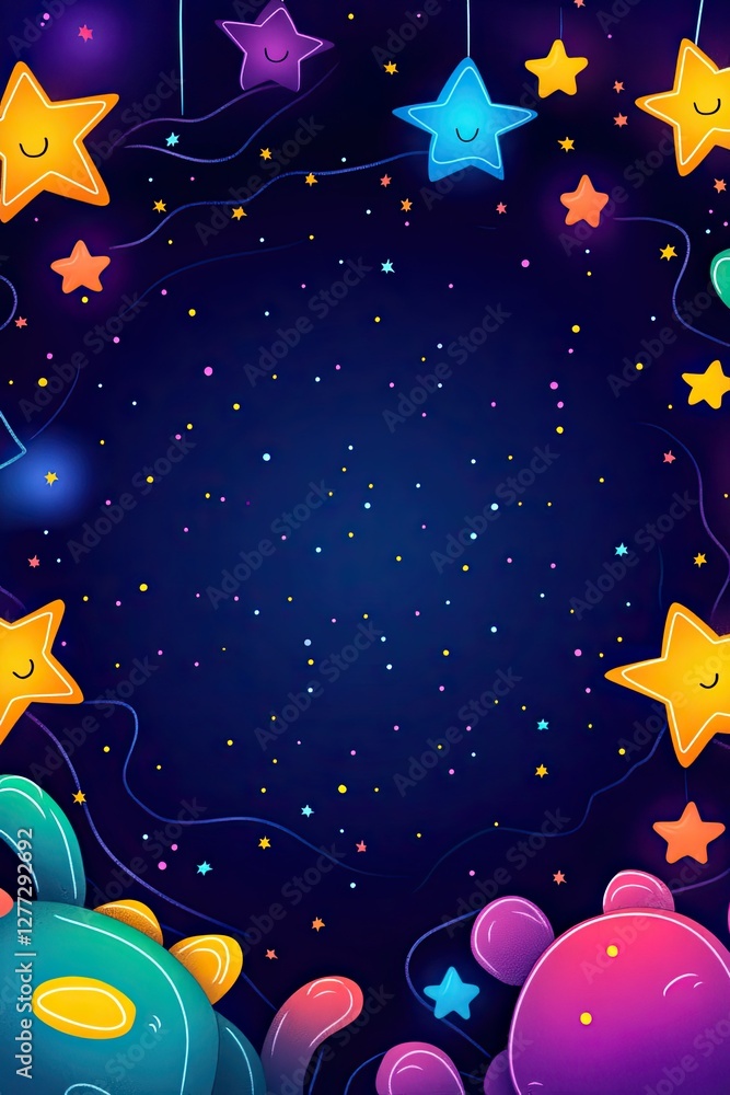 Fototapeta premium Colorful cartoon stars and swirls on a dark blue background.