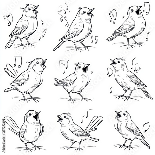 Wallpaper Mural Harmony of Songbirds: A charming assortment of songbirds, rendered in elegant lines, sing their melodious tunes amidst delicate musical notes. Torontodigital.ca