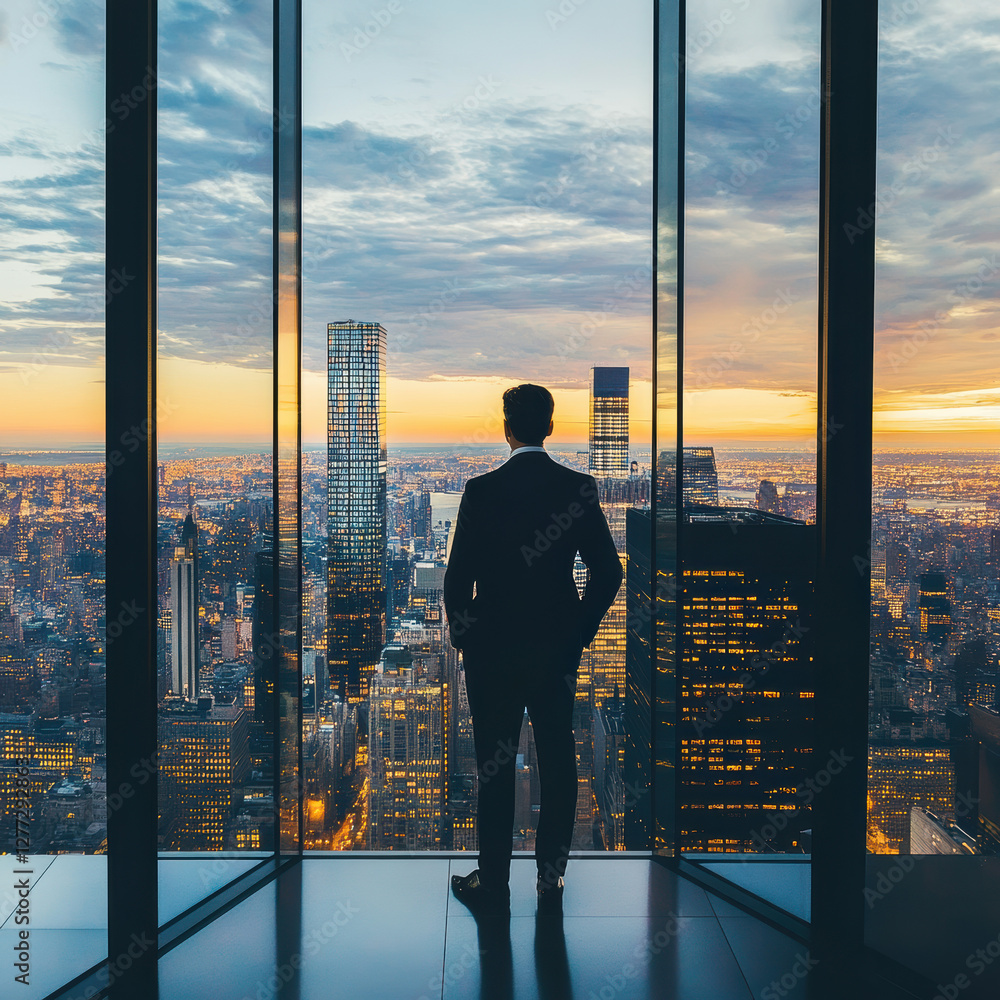 Fototapeta premium Businessman overlooking city skyline at sunset modern office environment inspirational viewpoint urban concept
