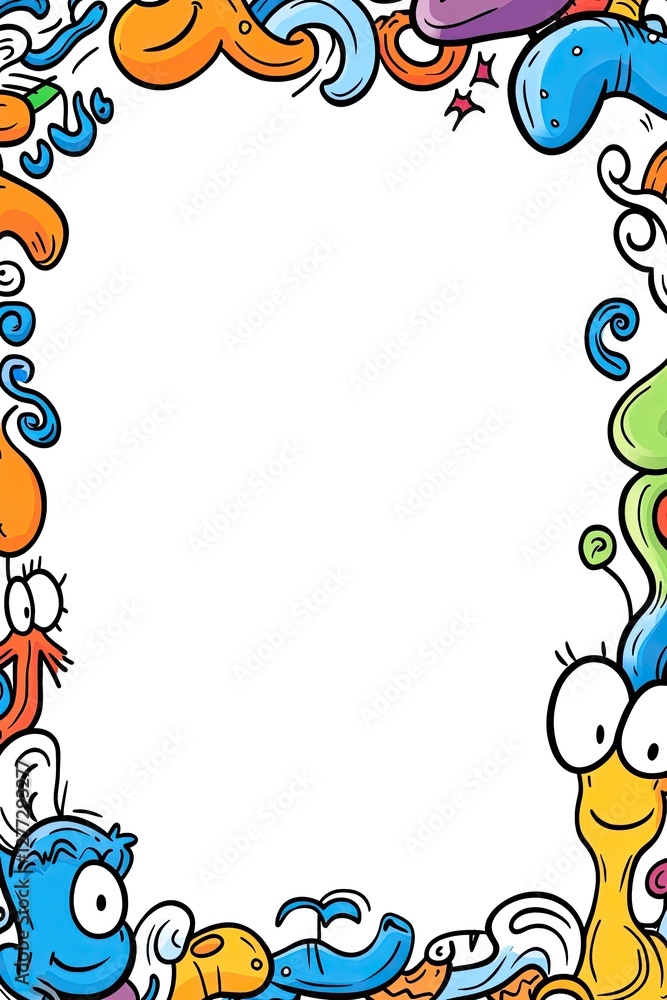Colorful doodle frame with whimsical creatures and abstract shapes. Colorful doodle frame with whimsical creatures and abstract shapes.