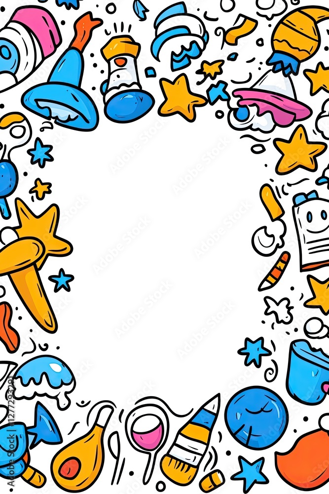 Colorful doodle frame with various objects and stars. Colorful doodle frame with various objects and stars.